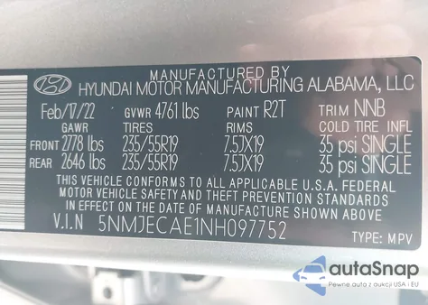 2022 Hyundai Tucson Limited из США, поврежденный, VIN 5NMJECAE1NH097752